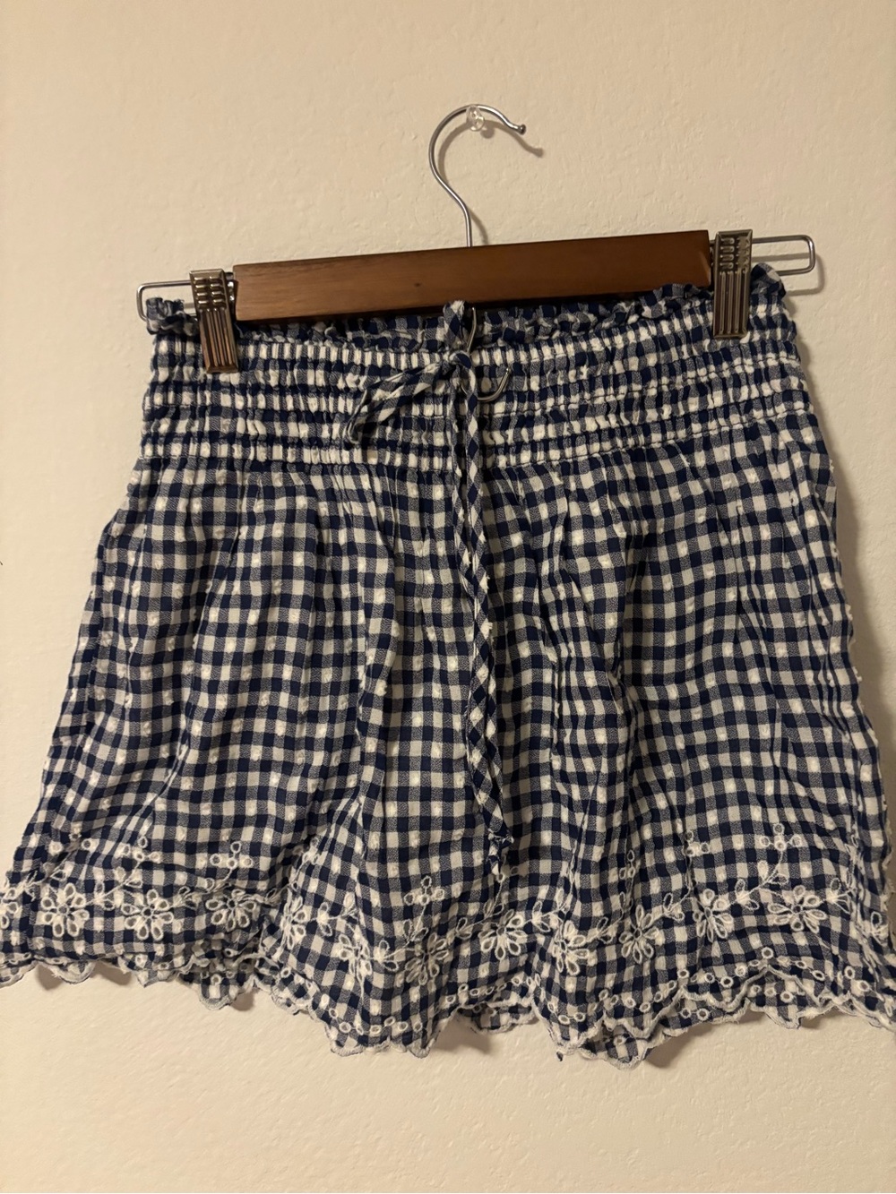 Arizona Jean Company Navy and White Gingham Lace-Trim High Waist Shorts